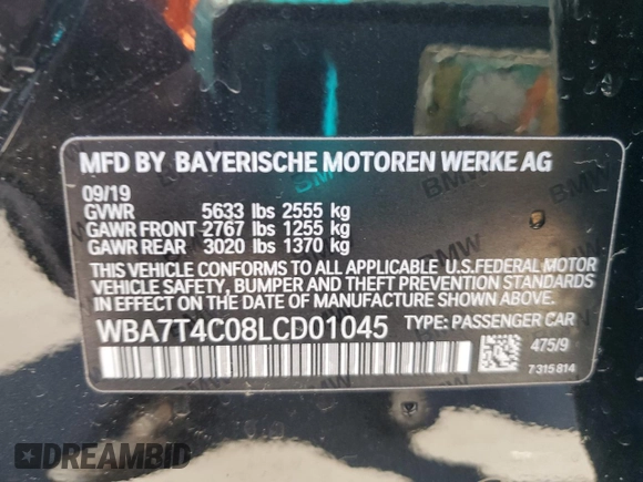 2020 BMW 7 Series 740i xDrive with VIN WBA7T4C08LCD01045, listed as a Copart auction lot 55664245 with 192,964 mi miles and Salvage title. Bid and sale history available at DreamBid. Image 12.