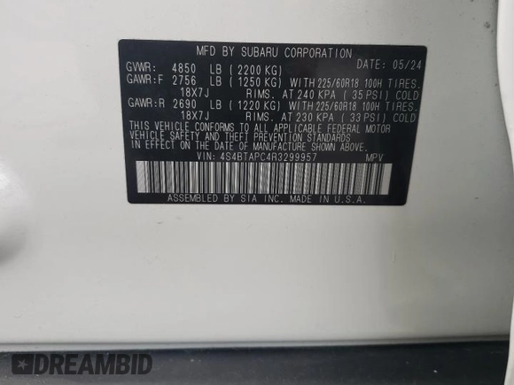 2024 Subaru Outback Touring with VIN 4S4BTAPC4R3299957, listed as a Copart auction lot 60130055 with 7,237 mi miles and Salvage title. Bid and sale history available at DreamBid. Image 13.