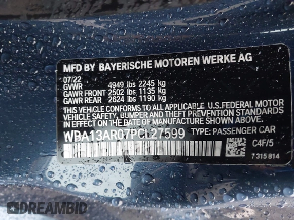 2023 BMW 4 Series M440i xDrive with VIN WBA13AR07PCL27599, listed as a IAAI auction lot 41963102 with 23,526 mi miles and . Bid and sale history available at DreamBid. Image 9.