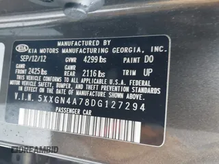 2013 Kia Optima EX with VIN 5XXGN4A78DG127294, listed as a IAAI auction lot 42364450 with 142,722 mi miles and . Bid and sale history available at DreamBid. Image 9.