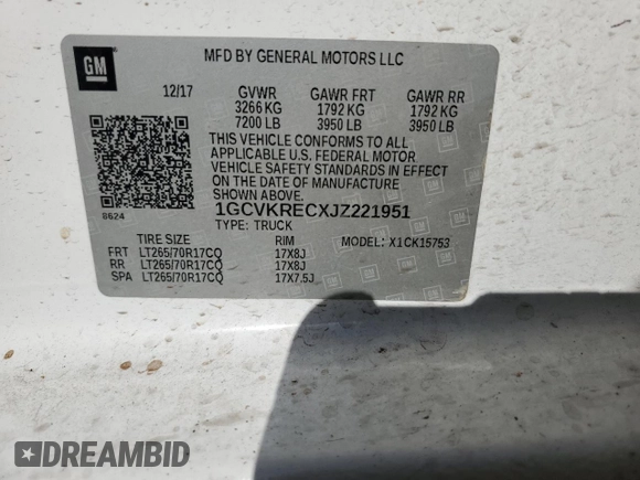 2018 Chevrolet Silverado 1500 LT with VIN 1GCVKRECXJZ221951, listed as a Copart auction lot 52294935 with 102,620 mi miles and Salvage Title. Bid and sale history available at DreamBid. Image 14.
