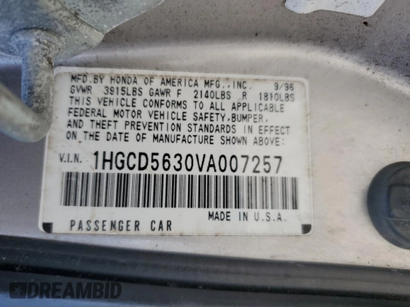 1997 Honda Accord LX with VIN 1HGCD5630VA007257, listed as a Copart auction lot 66043264 with 265,262 mi miles and Salvage Title. Bid and sale history available at DreamBid. Image 12.