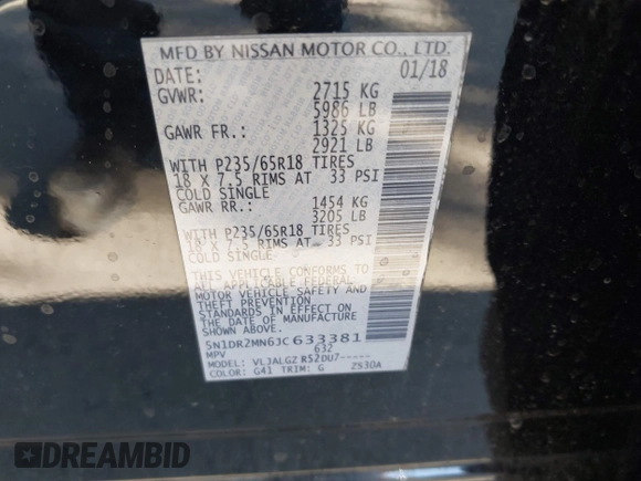 2018 Nissan Pathfinder S with VIN 5N1DR2MN6JC633381, listed as a IAAI auction lot 41999410 with 106,561 mi miles and . Bid and sale history available at DreamBid. Image 9.