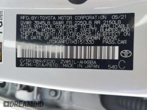 2021 Toyota Prius L Eco with VIN JTDKAMFU1M3151330, listed as a Copart auction lot 58827615 with 111,067 mi miles and Salvage title. Bid and sale history available at DreamBid. Image 6.