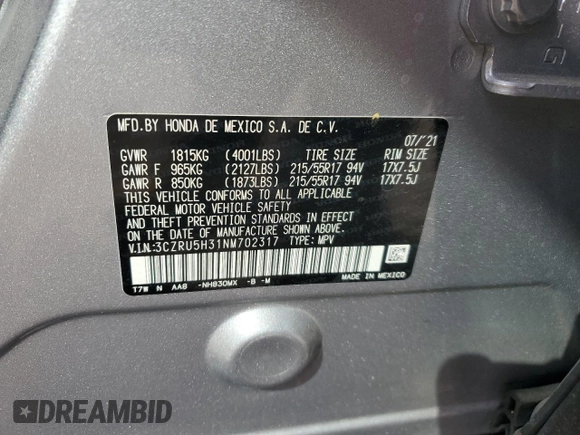 2022 Honda HR-V LX with VIN 3CZRU5H31NM702317, listed as a Copart auction lot 46328015 with 26,531 mi miles and Non repairable. Bid and sale history available at DreamBid. Image 13.
