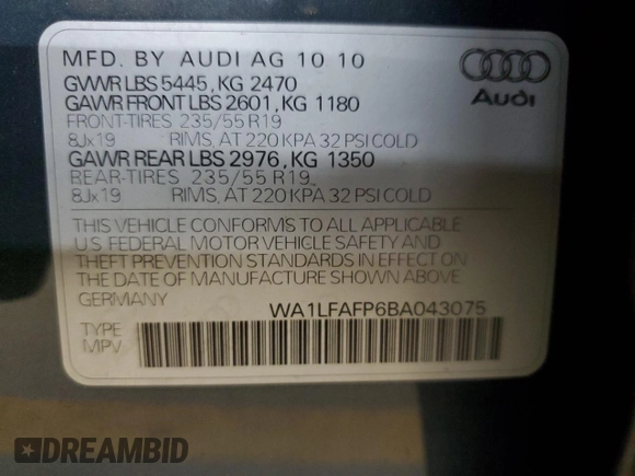 2011 Audi Q5 Premium Plus with VIN WA1LFAFP6BA043075, listed as a Copart auction lot 51084425 with 228,195 mi miles and Salvage Title. Bid and sale history available at DreamBid. Image 14.