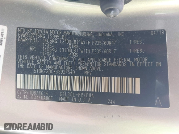 2018 Toyota Sienna LE Auto Access Seat with VIN 5TDKZ3DCXJS937540, listed as a IAAI auction lot 42126411 with 140,294 mi miles and . Bid and sale history available at DreamBid. Image 9.