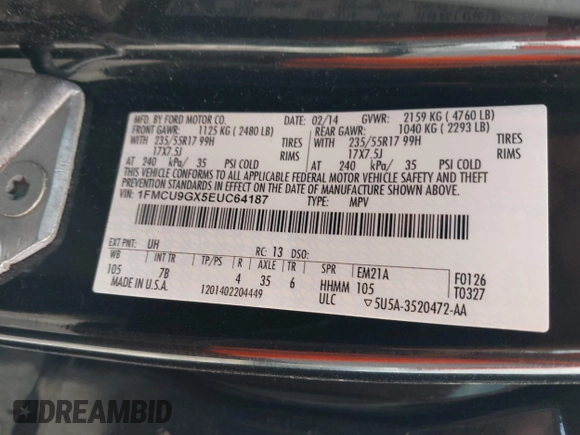 2014 Ford Escape SE с VIN 1FMCU9GX5EUC64187, выставлен на аукционе IAAI как лот 42468943 с пробегом 134 209 миль миль и . История ставок и продаж доступна на DreamBid. Изображение 9.