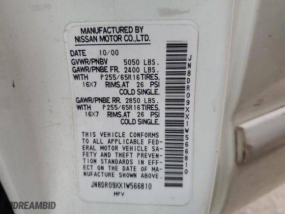 2001 Nissan Pathfinder LE with VIN JN8DR09XX1W566810, listed as a Copart auction lot 86605724 with 208,036 mi miles and Salvage Title. Bid and sale history available at carsss.com. Image 16.