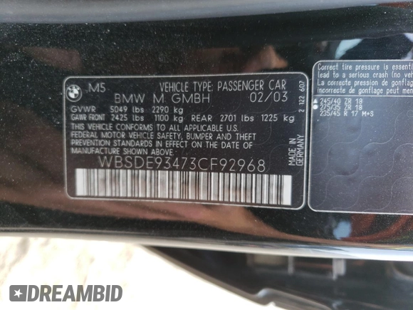 2003 BMW M5 z VIN WBSDE93473CF92968, wystawiony jako Copart lot #62267784 z przebiegiem Nie podano mil oraz Szkody całkowita. Historia ofert i sprzedaży dostępna na DreamBid. Obrazek 13.