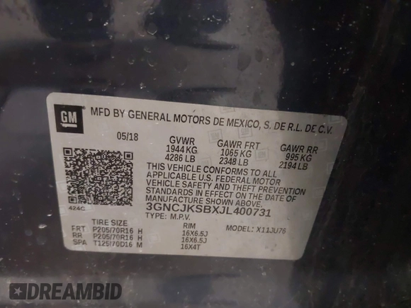 2018 Chevrolet Trax LS with VIN 3GNCJKSBXJL400731, listed as a IAAI auction lot 41827568 with 101,605 mi miles. Bid and sale history available at carsss.com. Image 9.