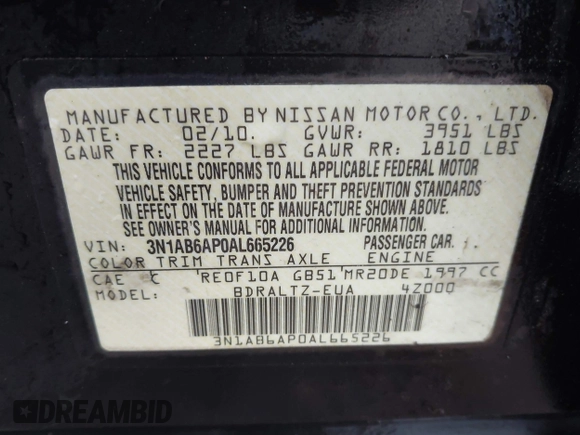 2010 Nissan Sentra SR with VIN 3N1AB6AP0AL665226, listed as a IAAI auction lot 42173776 with 100,942 mi miles and . Bid and sale history available at DreamBid. Image 9.