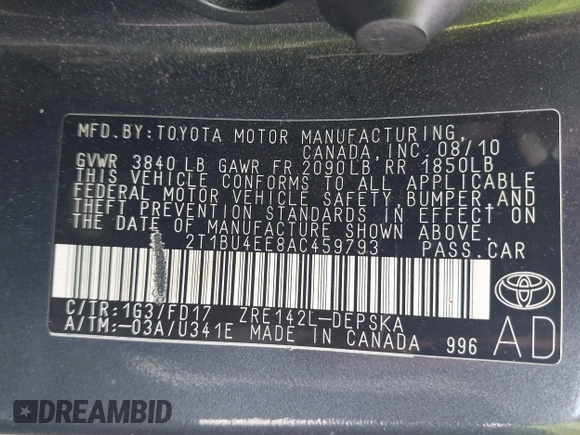 2010 Toyota Corolla with VIN 2T1BU4EE8AC459793, listed as a IAAI auction lot 41967607 with 202,762 mi miles. Bid and sale history available at carsss.com. Image 9.