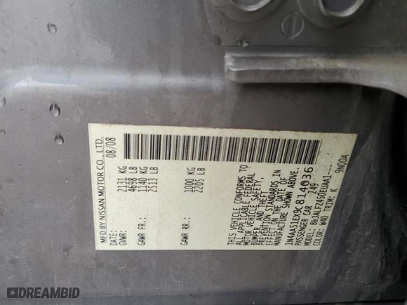 2009 Nissan Maxima 3.5 SV with VIN 1N4AA51EX9C814036, listed as a Copart auction lot 51849565 with 209,715 mi miles and Salvage Title. Bid and sale history available at carsss.com. Image 12.