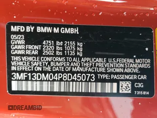 2023 BMW M2 with VIN 3MF13DM04P8D45073, listed as a Copart auction lot 82048384 with 8,090 mi miles and Salvage Title. Bid and sale history available at carsss.com. Image 13.