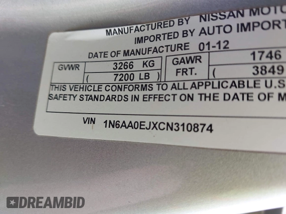 2012 Nissan Titan S with VIN 1N6AA0EJXCN310874, listed as a IAAI auction lot 42022787 with 162,317 mi miles. Bid and sale history available at carsss.com. Image 9.
