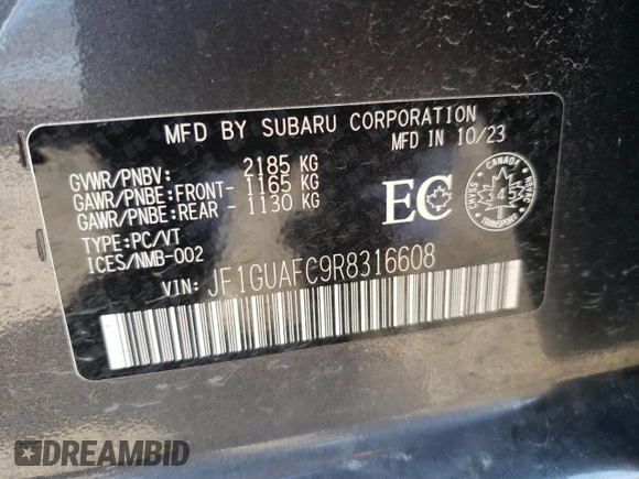 2024 Subaru Impreza Sport with VIN JF1GUAFC9R8316608, listed as a Copart auction lot 71682494 with 7,884 mi miles and Salvage Title. Bid and sale history available at carsss.com. Image 13.