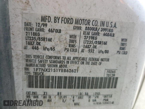2000 Ford F-250 XL with VIN 1FTNX21S1YEB62621, listed as a Copart auction lot 87630545 with 204,488 mi miles and Salvage title. Bid and sale history available at DreamBid. Image 12.
