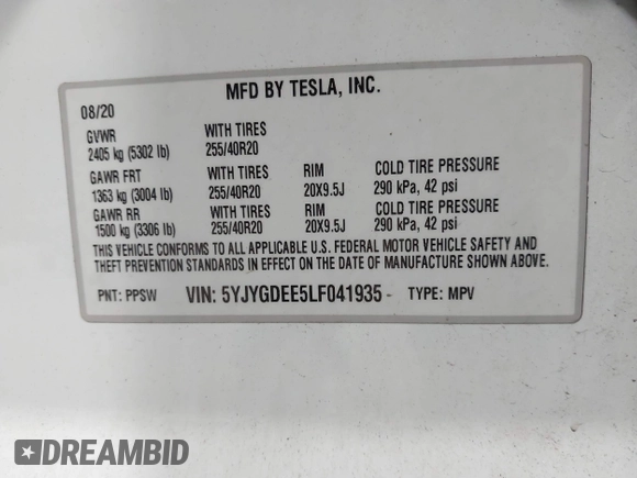 2020 Tesla Model Y Long Range z VIN 5YJYGDEE5LF041935, wystawiony jako IAAI lot #42369750 z przebiegiem 79 540 mil mil oraz . Historia ofert i sprzedaży dostępna na DreamBid. Obrazek 9.