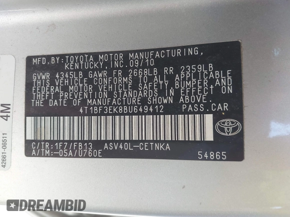 2011 Toyota Camry LE with VIN 4T1BF3EK8BU649412, listed as a IAAI auction lot 42032428 with 132,033 mi miles and . Bid and sale history available at carsss.com. Image 9.