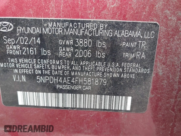 2015 Hyundai Elantra SE with VIN 5NPDH4AE4FH581879, listed as a IAAI auction lot 41468138 with 116,296 mi miles. Bid and sale history available at carsss.com. Image 9.
