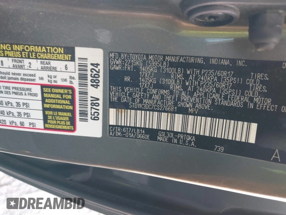 2012 Toyota Sienna XLE AAS with VIN 5TDYK3DC7CS276681, listed as a IAAI auction lot 41520303 with 183,511 mi miles and . Bid and sale history available at DreamBid. Image 9.