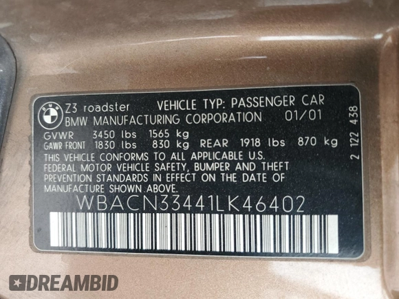 2001 BMW Z3 2.5 z VIN WBACN33441LK46402, wystawiony jako Copart lot #57974785 z przebiegiem 142 661 mil mil oraz Szkoda całkowita • Salvage title. Historia ofert i sprzedaży dostępna na DreamBid. Obrazek 12.