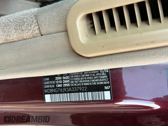 2003 Mercedes-Benz S with VIN WDBNG76J93A337922, listed as a Copart auction lot 55943475 with 135,103 mi miles and Clean Title. Bid and sale history available at DreamBid. Image 10.