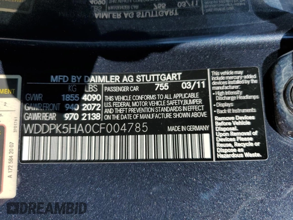 2012 Mercedes-Benz SLK-Class SLK 350 with VIN WDDPK5HA0CF004785, listed as a Copart auction lot 73420294 with 21,744 mi miles and Salvage Title. Bid and sale history available at carsss.com. Image 13.