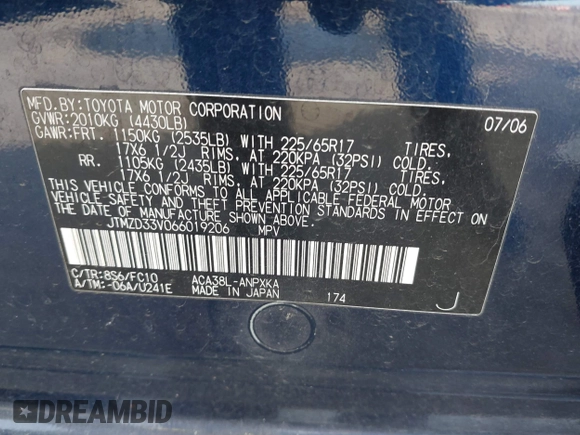 2006 Toyota RAV4 with VIN JTMZD33V066019206, listed as a IAAI auction lot 41770496 with 158,048 mi miles. Bid and sale history available at carsss.com. Image 9.