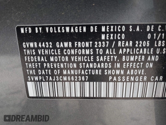 2012 Volkswagen Jetta TDI w/Sunroof & Nav with VIN 3VWPL7AJ3CM662367, listed as a IAAI auction lot 42113234 with 105,686 mi miles and . Bid and sale history available at DreamBid. Image 9.