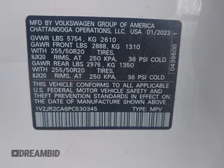 2023 Volkswagen Atlas SE with VIN 1V2JR2CA6PC530345, listed as a IAAI auction lot 42162983 with 18,535 mi miles and . Bid and sale history available at DreamBid. Image 9.