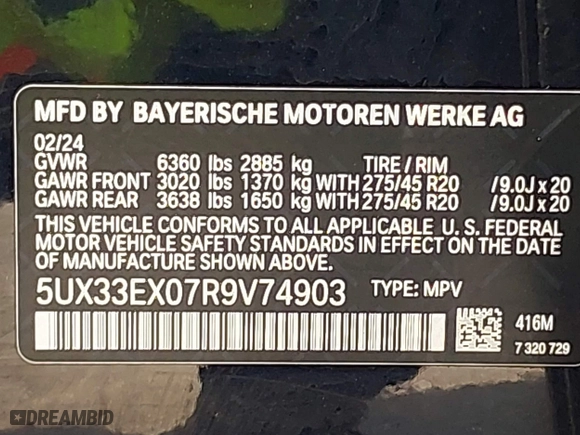 2024 BMW X6 xDrive40i with VIN 5UX33EX07R9V74903, listed as a IAAI auction lot 42063171 with 22,384 mi miles. Bid and sale history available at carsss.com. Image 9.
