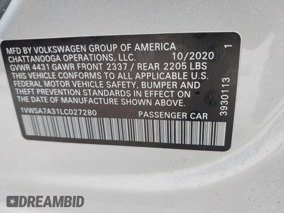 2020 Volkswagen Passat SE with VIN 1VWSA7A31LC027280, listed as a IAAI auction lot 42118675 with 72,165 mi miles and . Bid and sale history available at DreamBid. Image 9.