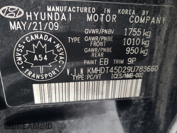 2009 Hyundai Elantra with VIN KMHDT45D29U783660, listed as a Copart auction lot 43276315 with 204,386 mi miles and Salvage title. Bid and sale history available at DreamBid. Image 13.