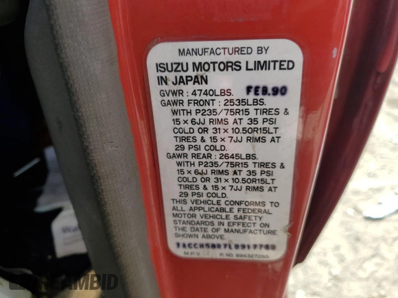 1990 Isuzu Trooper z VIN JACCH58R7L8917768, wystawiony jako Copart lot #45875835 z przebiegiem 230 130 mil mil oraz Szkody całkowita. Historia ofert i sprzedaży dostępna na DreamBid. Obrazek 13.