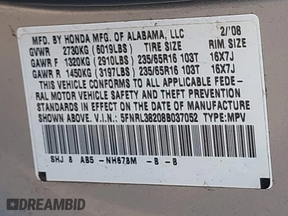 2008 Honda Odyssey LX с VIN 5FNRL38208B037052, выставлен на аукционе IAAI как лот 42196954 с пробегом 239 139 миль миль и . История ставок и продаж доступна на DreamBid. Изображение 9.