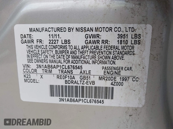 2012 Nissan Sentra SR with VIN 3N1AB6AP1CL676545, listed as a IAAI auction lot 42589966 with 155,791 mi miles and . Bid and sale history available at DreamBid. Image 9.