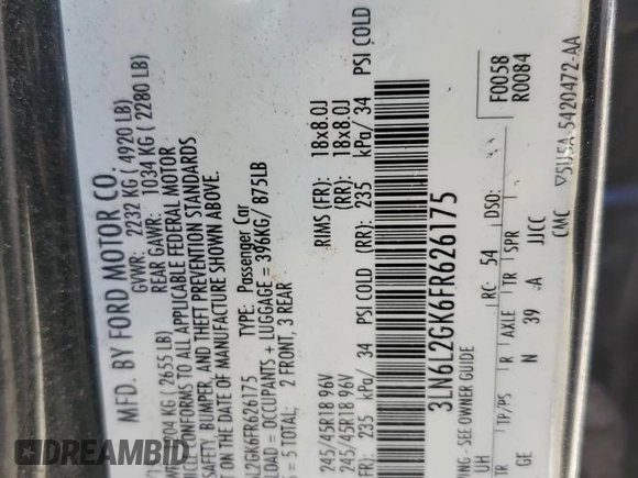 2015 Lincoln MKZ with VIN 3LN6L2GK6FR626175, listed as a Copart auction lot 55827635 with 103,753 mi miles and Clean Title. Bid and sale history available at DreamBid. Image 12.