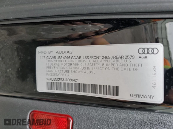 2018 Audi A5 Sportback Premium Plus with VIN WAUENCF53JA060424, listed as a Copart auction lot 40566934 with 60,963 mi miles. Bid and sale history available at carsss.com. Image 13.