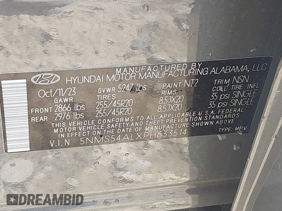 2023 Hyundai Santa Fe Calligraphy with VIN 5NMS54ALXPH633514, listed as a IAAI auction lot 42238114 with 12,969 mi miles and . Bid and sale history available at DreamBid. Image 9.