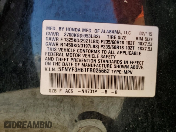 2015 Honda Pilot EX-L with VIN 5FNYF3H61FB026662, listed as a Copart auction lot 75619454 with 146,804 mi miles and Salvage Title. Bid and sale history available at carsss.com. Image 13.