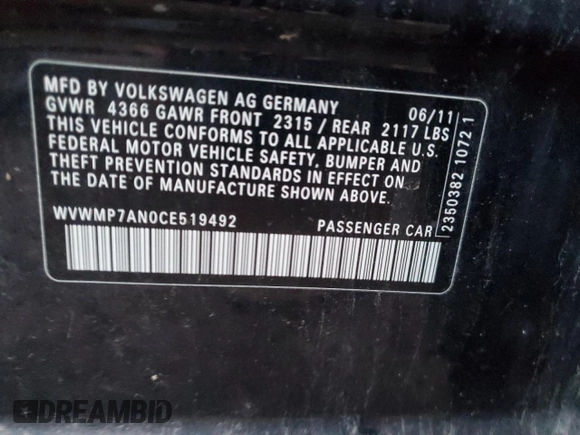 2012 Volkswagen CC R-Line z VIN WVWMP7AN0CE519492, wystawiony jako Copart lot #79173404 z przebiegiem 96 123 mil mil oraz Nie do naprawy • Non repairable. Historia ofert i sprzedaży dostępna na DreamBid. Obrazek 12.
