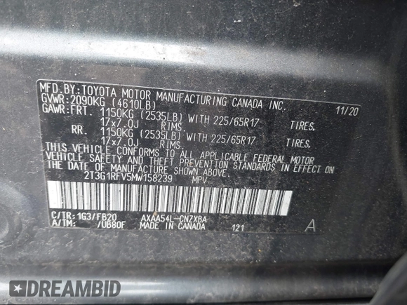 2021 Toyota RAV4 LE with VIN 2T3G1RFV5MW158239, listed as a IAAI auction lot 42602305 with 51,275 mi miles and . Bid and sale history available at DreamBid. Image 9.