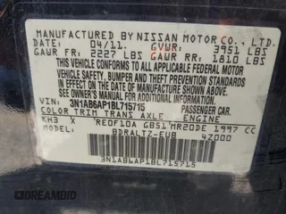 2011 Nissan Sentra SR with VIN 3N1AB6AP1BL715715, listed as a IAAI auction lot 41993654 with 119,387 mi miles and . Bid and sale history available at DreamBid. Image 9.