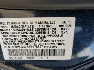 2010 Honda Odyssey EX-L с VIN 5FNRL3H73AB076347, выставлен на аукционе Copart как лот 56582495 с пробегом 155 661 миль миль и Списание • Salvage title. История ставок и продаж доступна на DreamBid. Изображение 14.