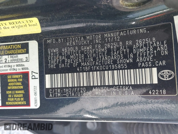 2012 Toyota Camry L with VIN 4T1BF1FK0CU195855, listed as a IAAI auction lot 40636739 with 210,083 mi miles. Bid and sale history available at carsss.com. Image 9.
