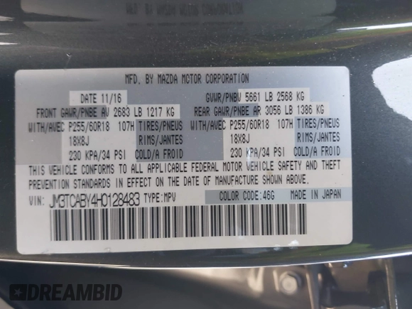 2017 Mazda CX-9 Sport with VIN JM3TCABY4H0128483, listed as a IAAI auction lot 41299667 with 142,343 mi miles and . Bid and sale history available at DreamBid. Image 9.