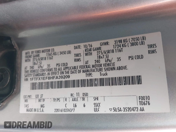 2017 Ford F-150 XL with VIN 1FTFX1EF8HFA39209, listed as a IAAI auction lot 41168440 with 111,704 mi miles. Bid and sale history available at carsss.com. Image 9.