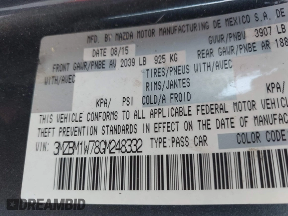 2016 Mazda 3 i Touring with VIN 3MZBM1W78GM248332, listed as a IAAI auction lot 41998405 with 160,263 mi miles and . Bid and sale history available at DreamBid. Image 9.